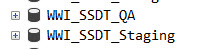 Both the WWI_SSDT_QA and WWI_SSDT_Staging databases display in the database list in SSMS